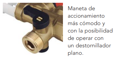 Manetas cómodas y fáciles de accionar El diseño del grupo está pensado para facilitar la manipulación. Incorpora una maneta de accionamiento cómoda, con posibilidad de operar mediante destornillador plano, y una maneta de válvula de seguridad más grande, diseñada para poder manipularla sin esfuerzo.  El volante estriado proporciona un mejor agarre, facilitando las operaciones de apertura, cierre o comprobación.  Estas mejoras hacen que el grupo sea más cómodo tanto para el instalador como para futuras tareas de mantenimiento.
